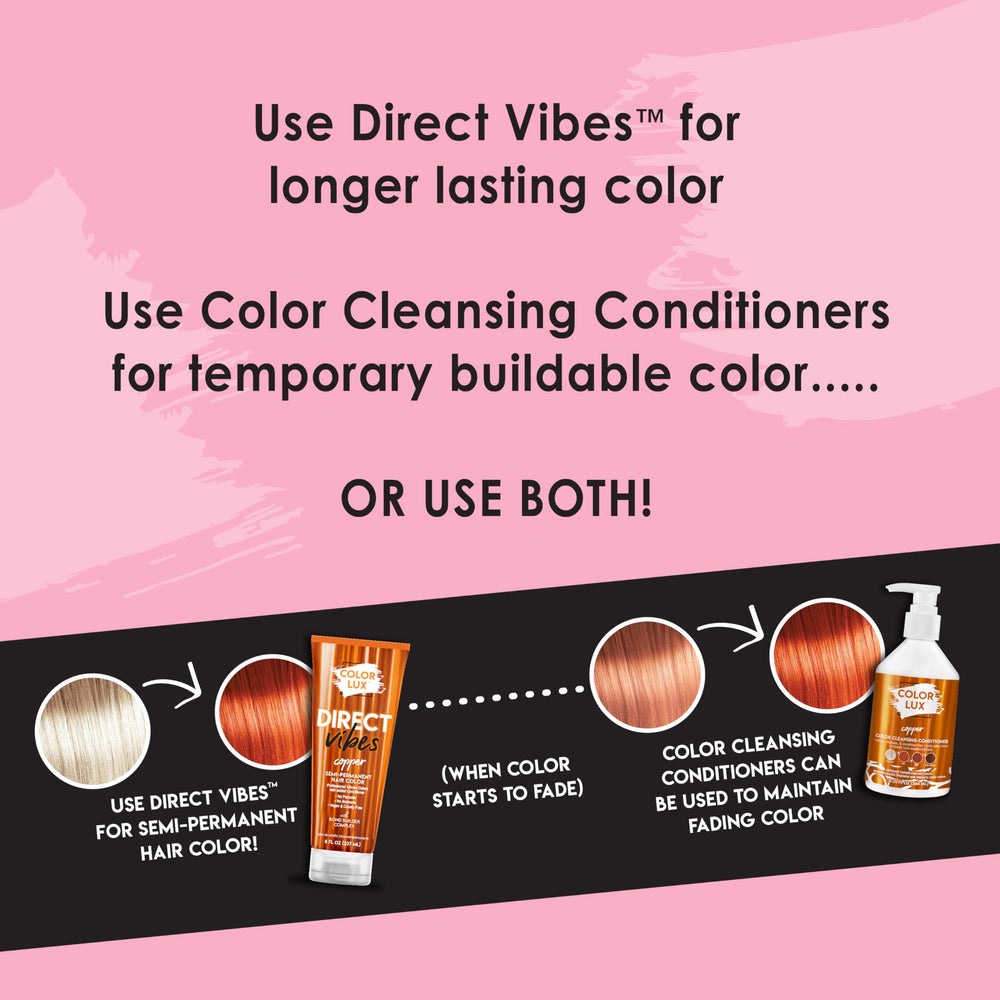 Color Lux Direct Vibes Copper on hair shows even coverage and shine.