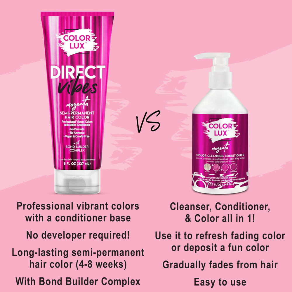 Color Lux Direct Vibes Magenta packaging emphasizes vegan and ammonia-free formula.