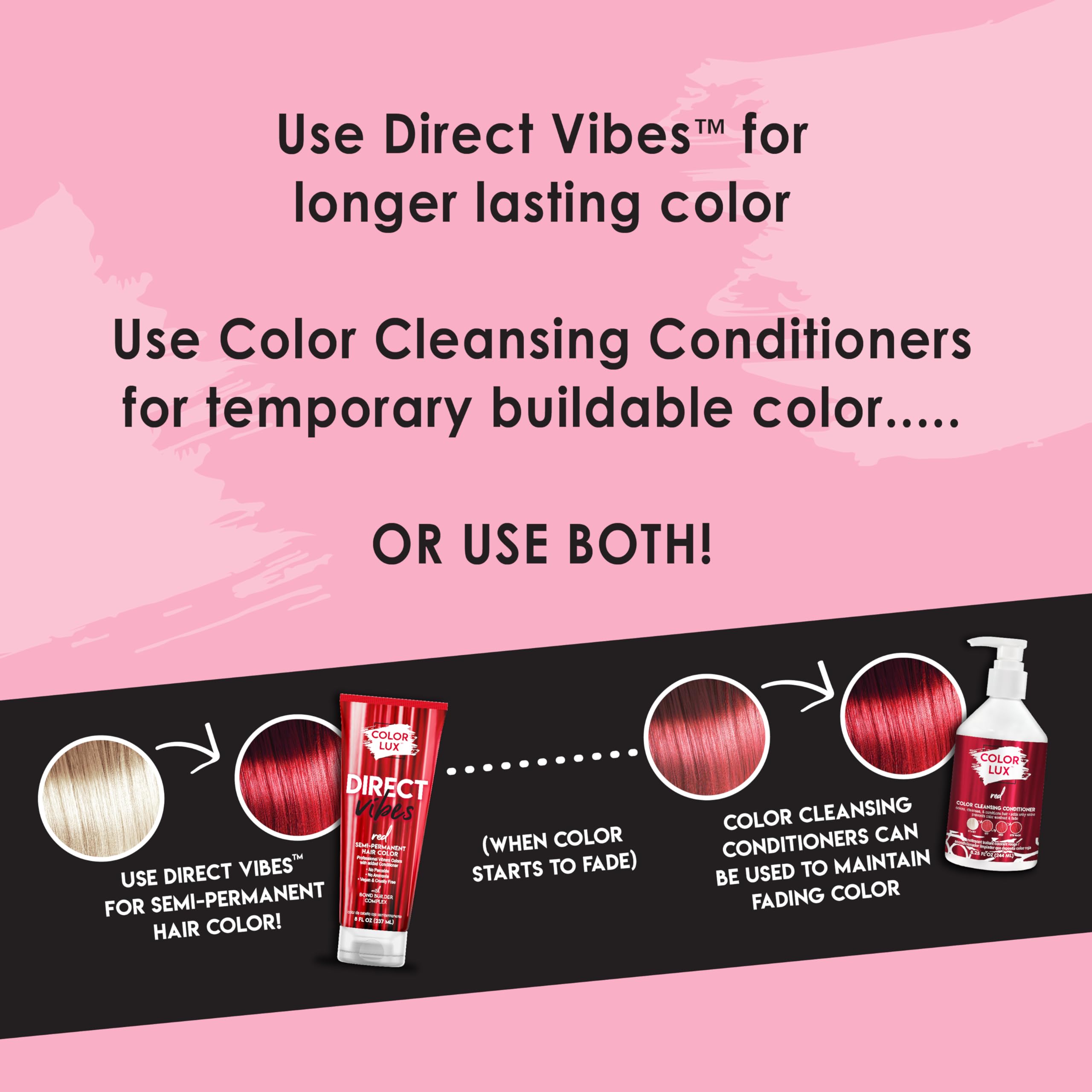 Color Lux Direct Vibes red hair after-dye reveals radiant shine.