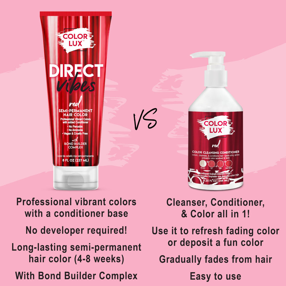 Color Lux Direct Vibes red packaging communicates vegan and clean formula.