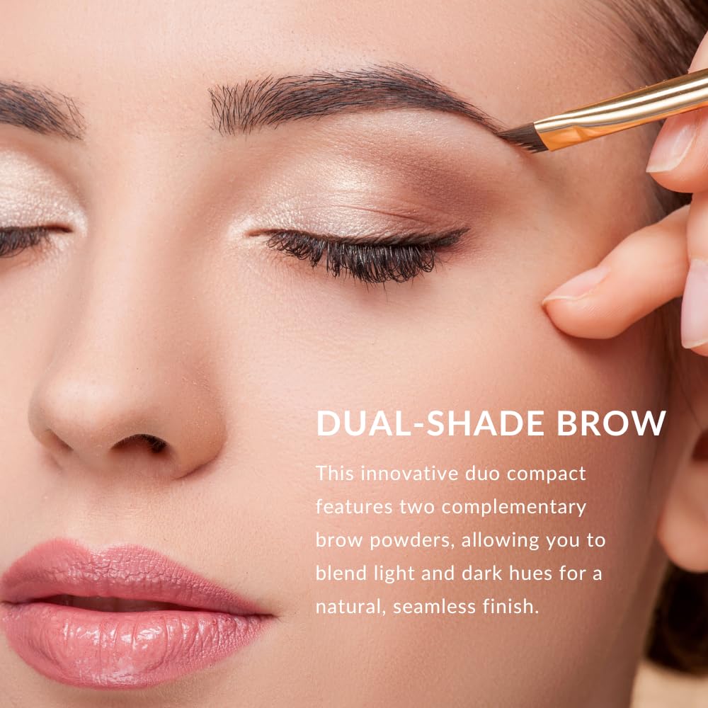 Color Me Beautiful Brow Powder Duo swatches show blendable shades for seamless color.