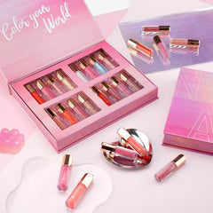 Color Nymph 16pcs lip glosses palette swatch shows iridescent pink for versatile looks