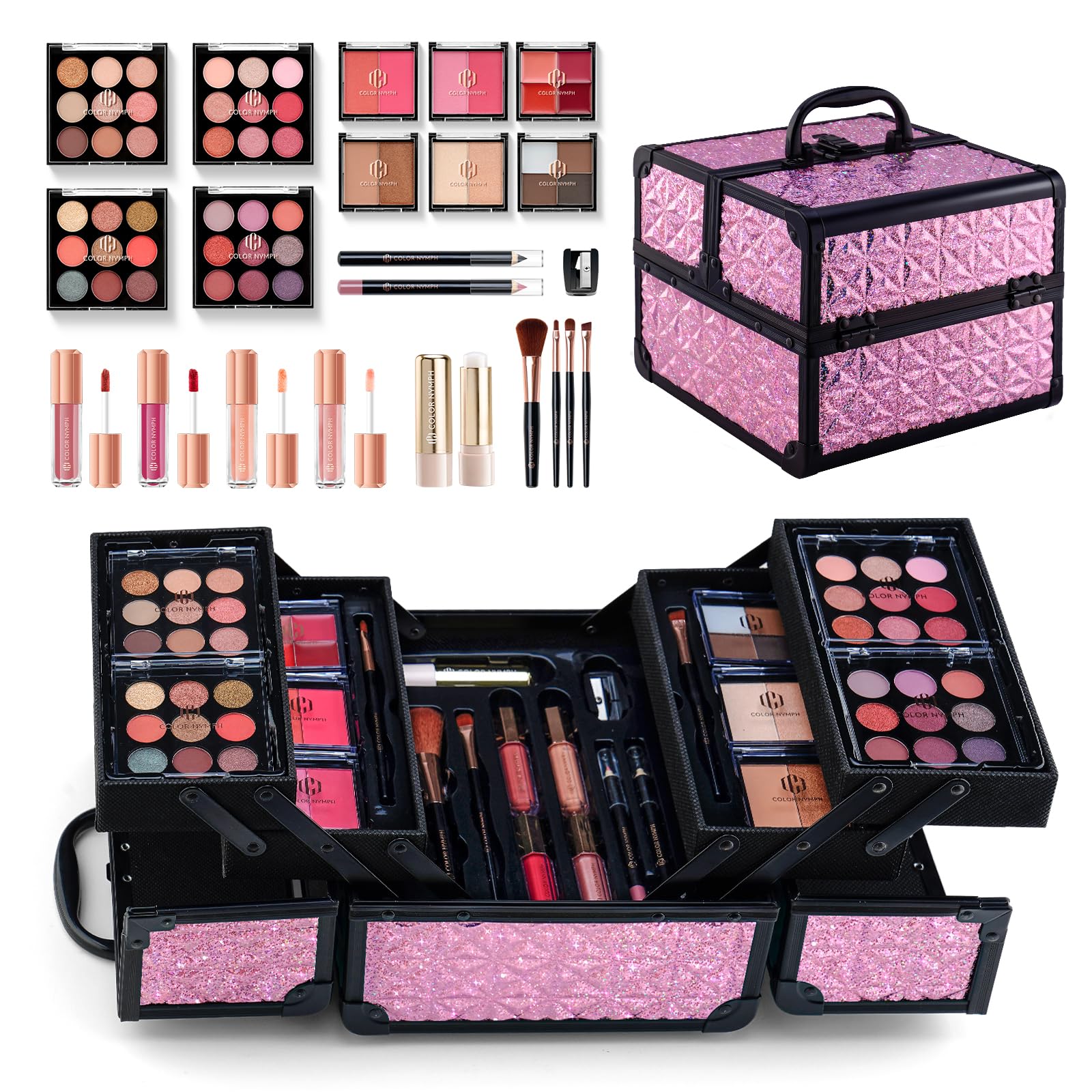 Color Nymph all-in-one makeup kit train case open, ideal for travel and organization