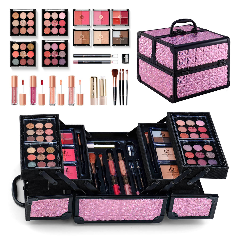 Color Nymph all-in-one makeup kit train case open, ideal for travel and organization