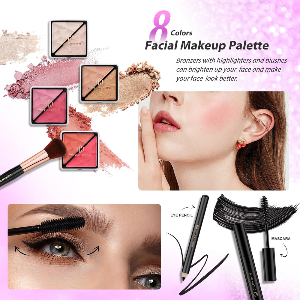 Color Nymph blush palette and highlighters for a soft, natural glow.