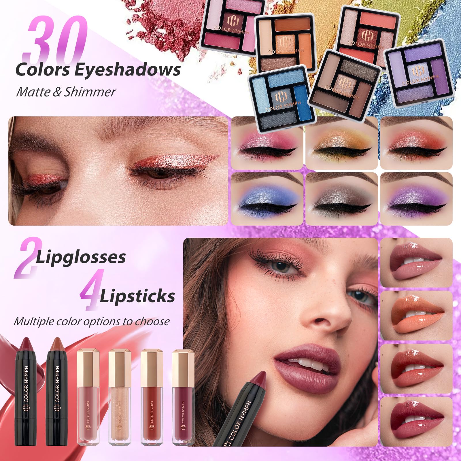 Color Nymph eyeshadow palette with 30 shades for versatile day-to-night looks.