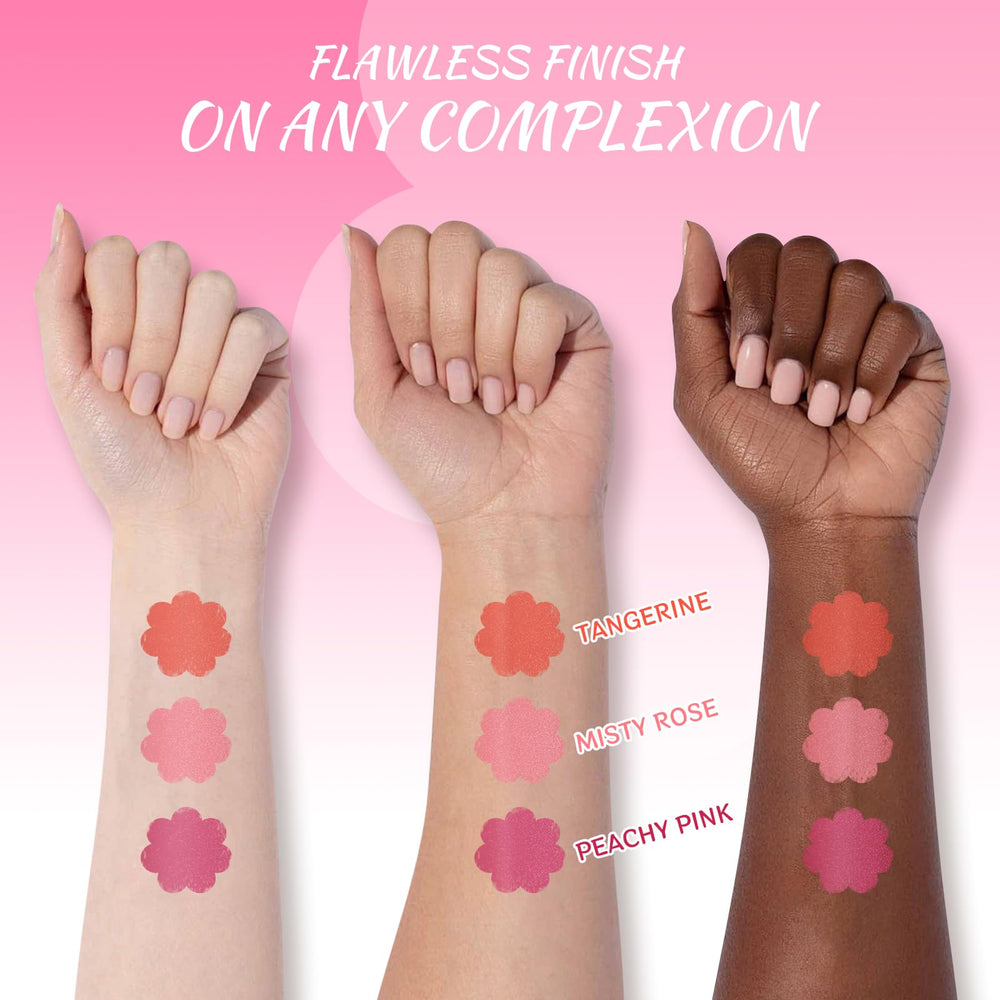 Color Nymph Liquid Blush Trio used on lips and eyelids for cohesive look