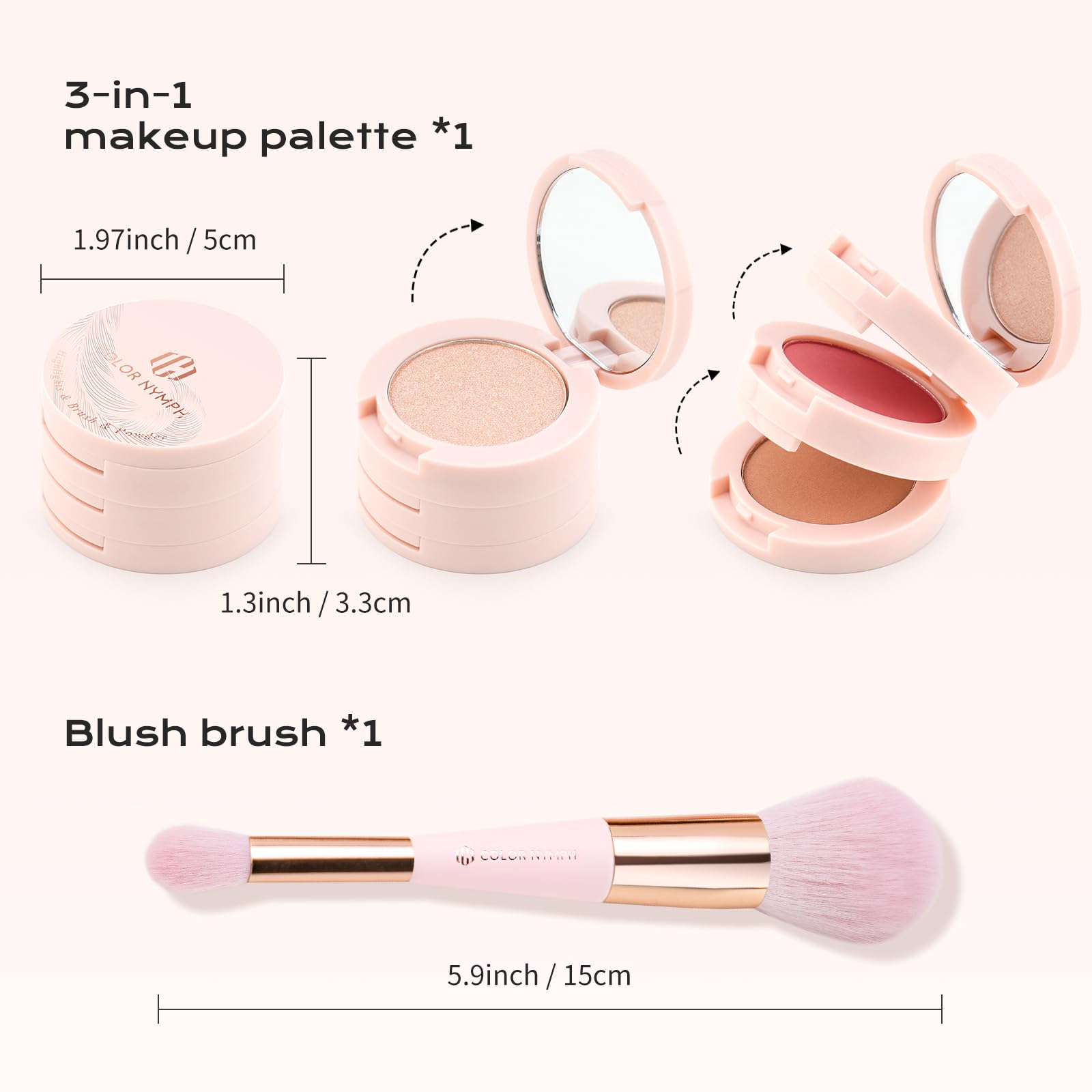Color Nymph palette blush section shows a vibrant matte shade for natural flush.