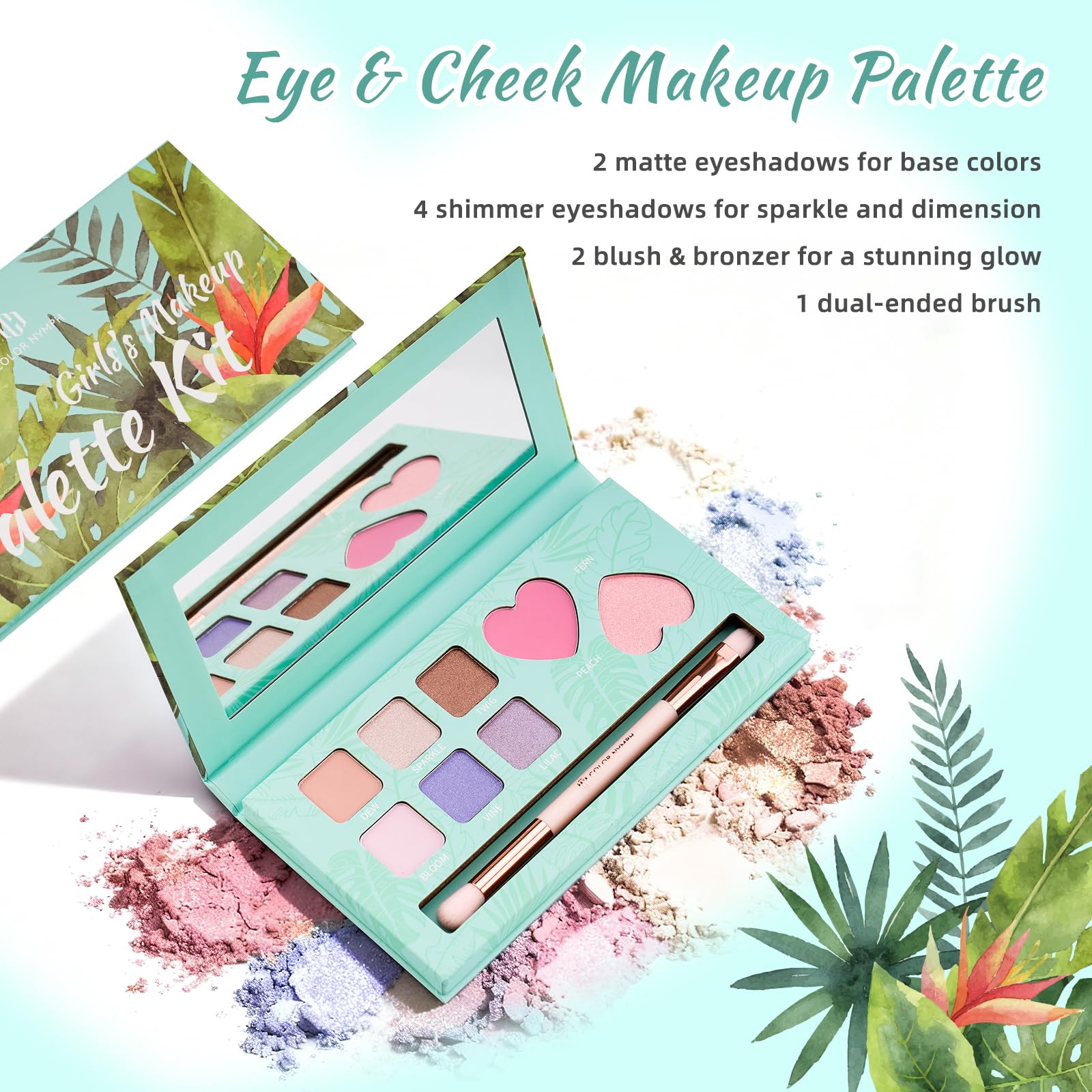 Color Nymph swatches show matte and shimmer eyeshadows for rich color.