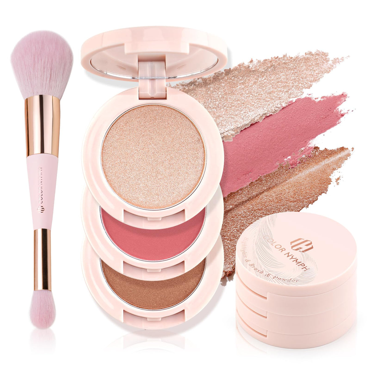 Color Nymph palette open view with blush, contour, and highlighter swatches for versatile looks.