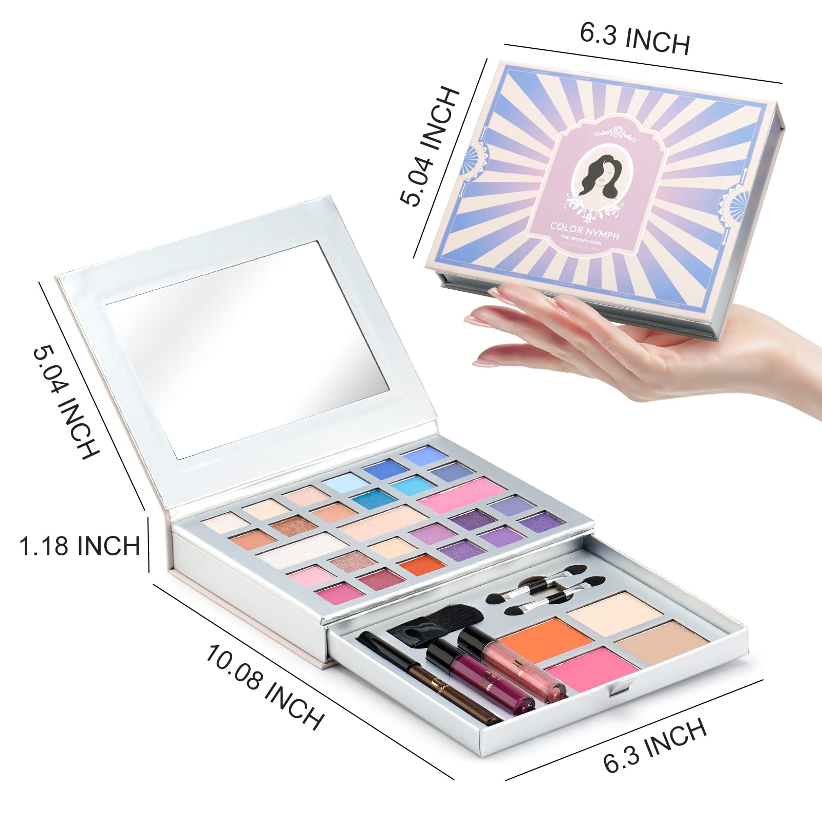Color Nymph contouring brush and dual-ended applicators for precise application.
