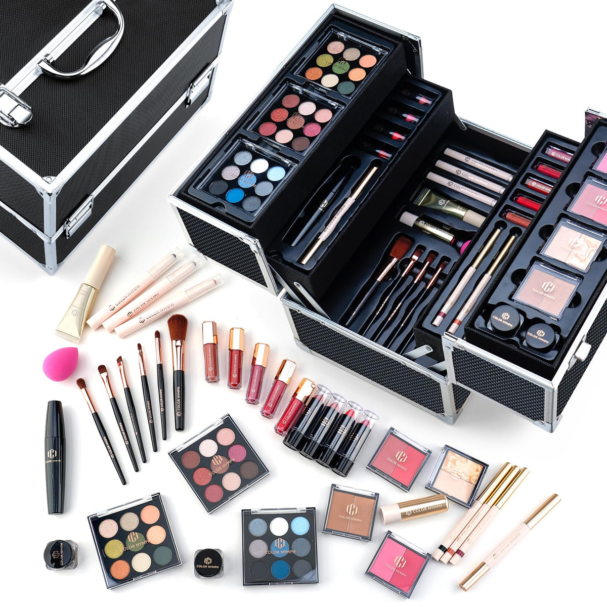 Color Nymph teens makeup set train case open showing organized storage.