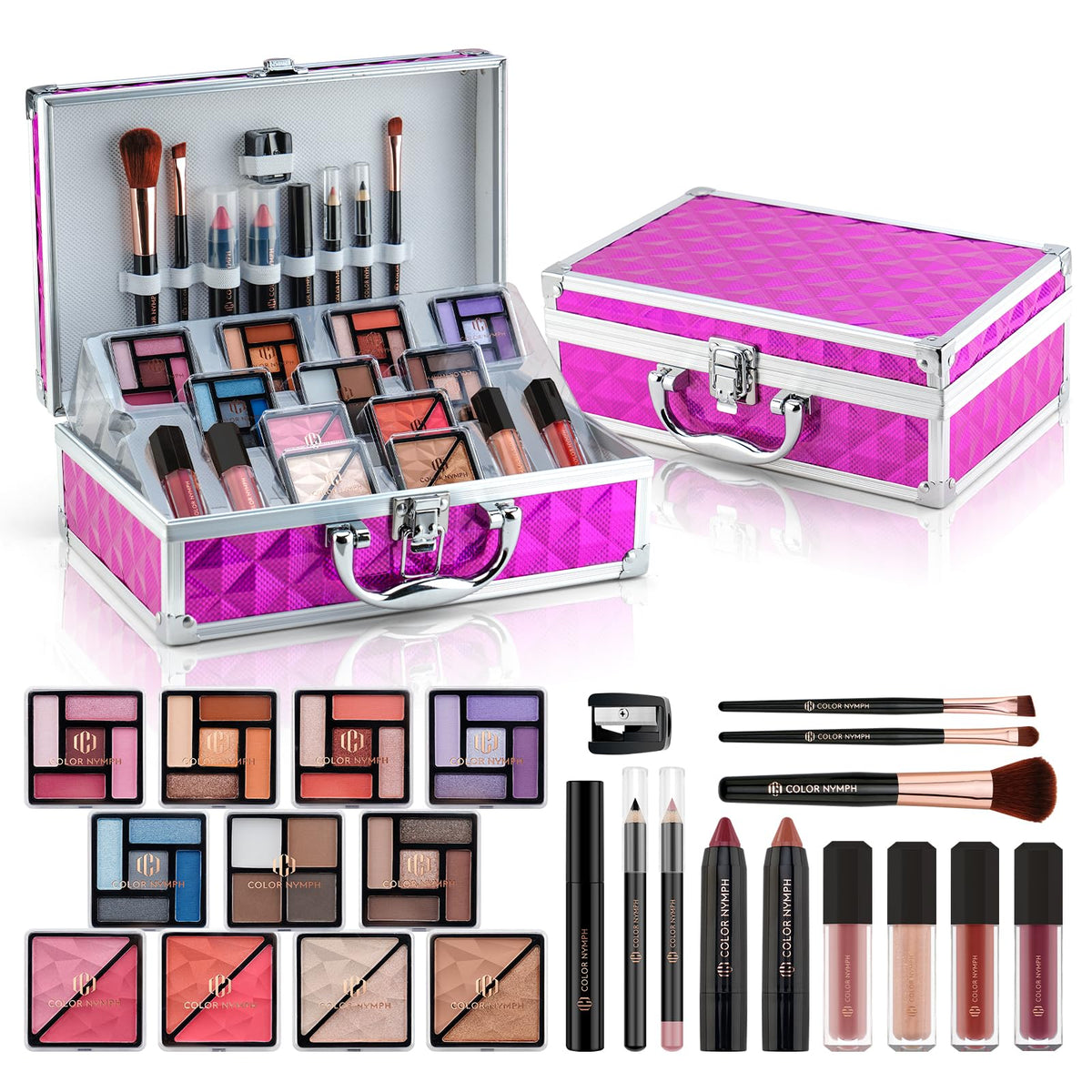 Color Nymph train case with makeup neatly organized for teens.