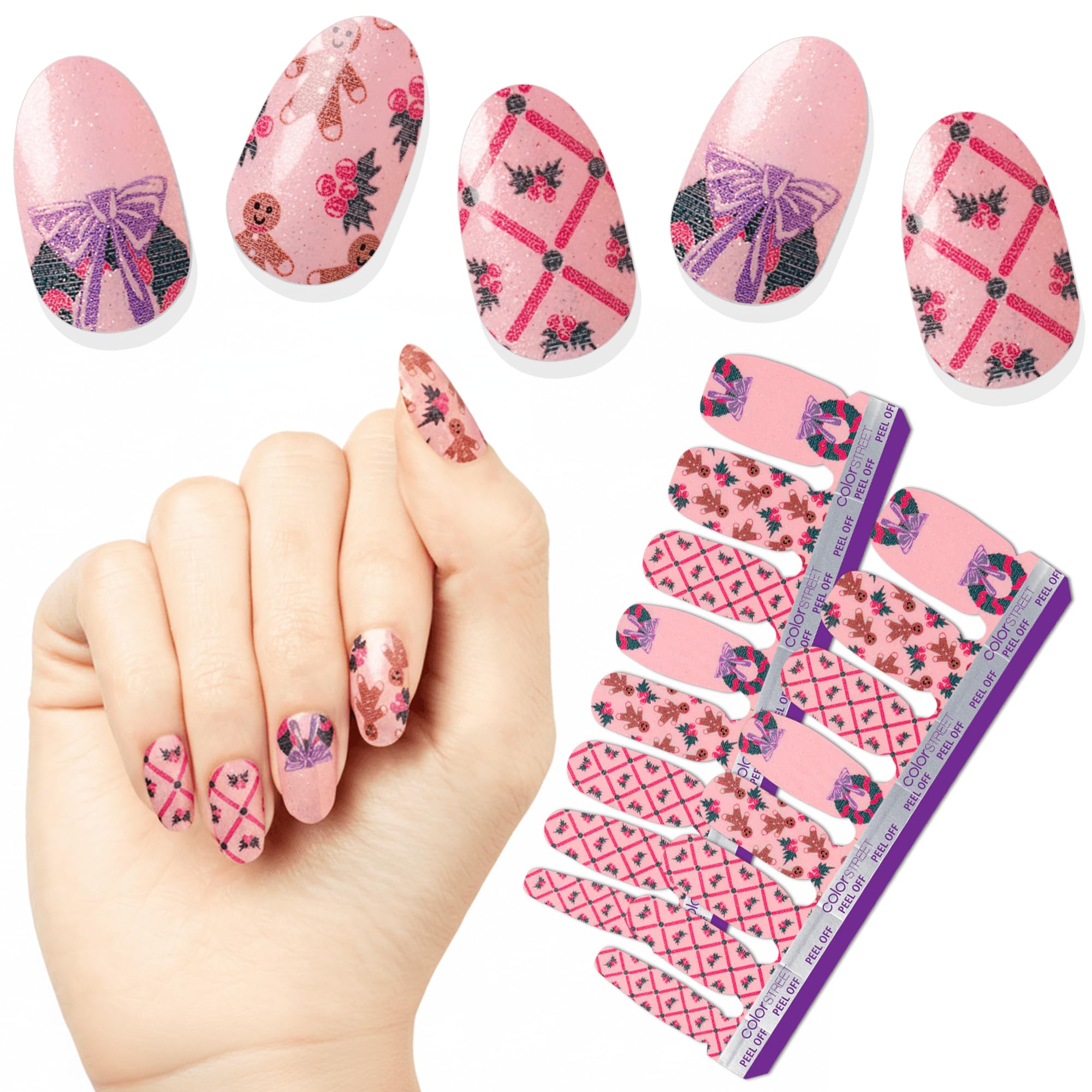 Color Street Baking Season pink glitter nails with gingerbread and holly for a festive holiday manicure.