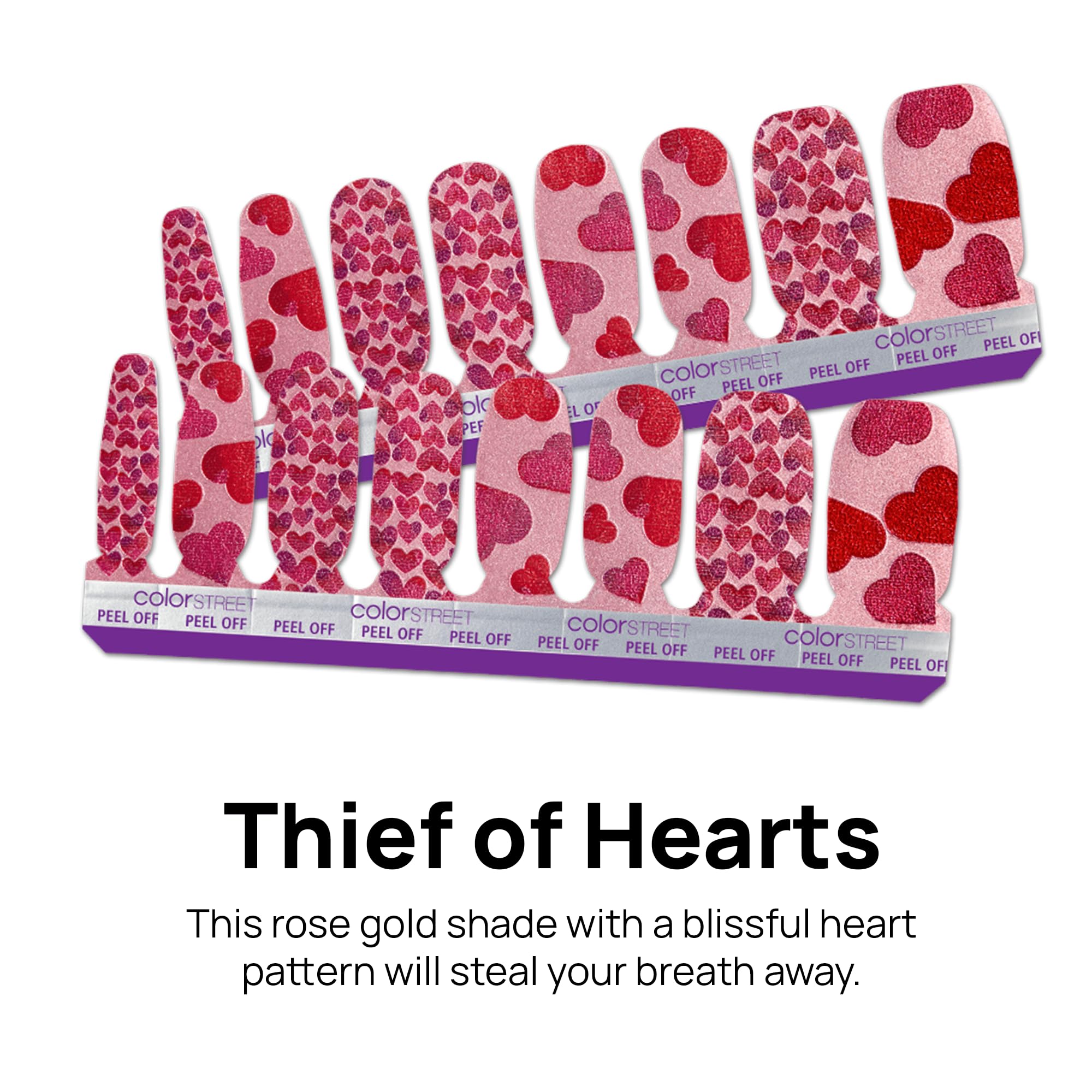 Color Street Thief of Hearts offers a glossy rose gold shine on natural nails.