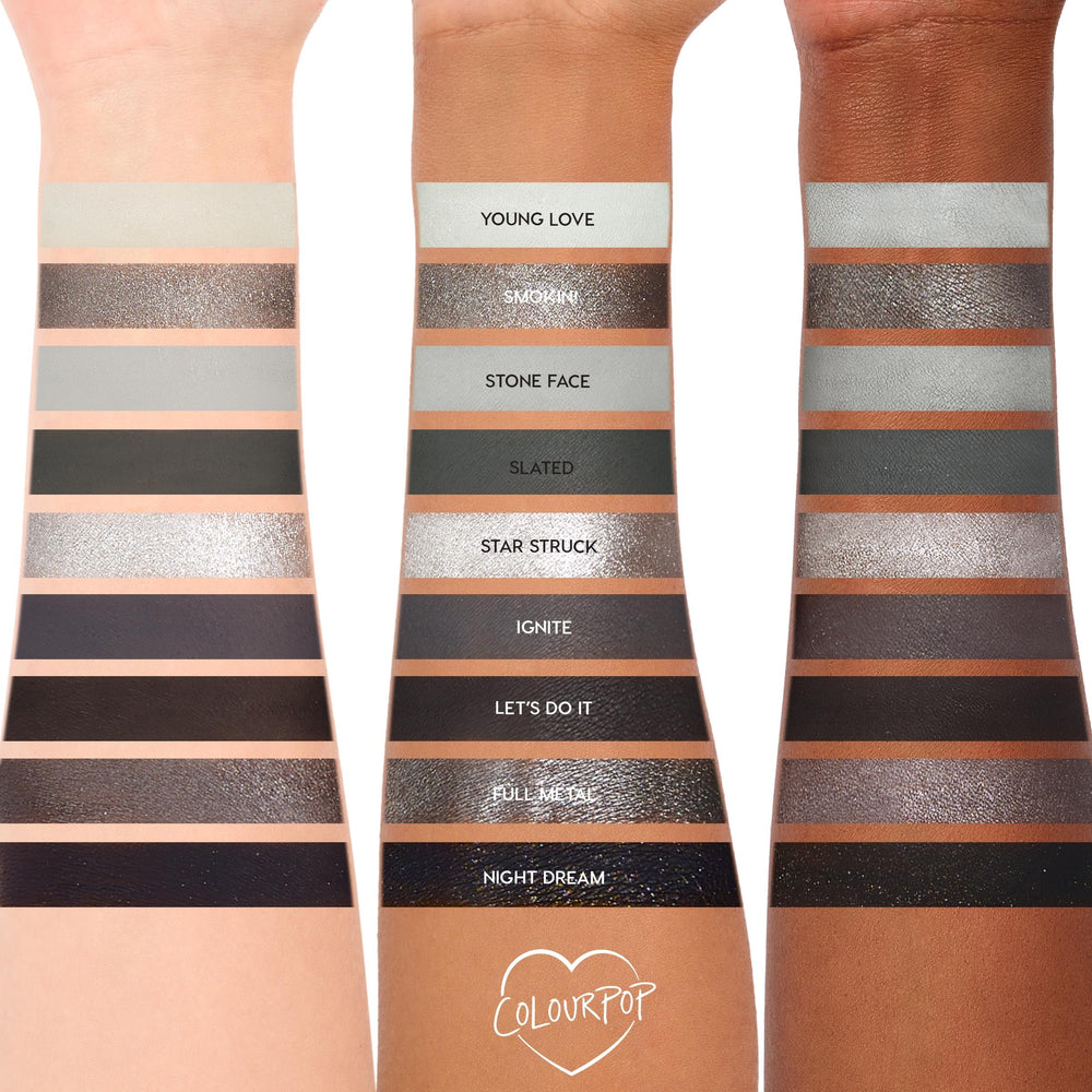 Close-up of metallic shadows from ColourPop Blowin' Smoke for luminous lids.