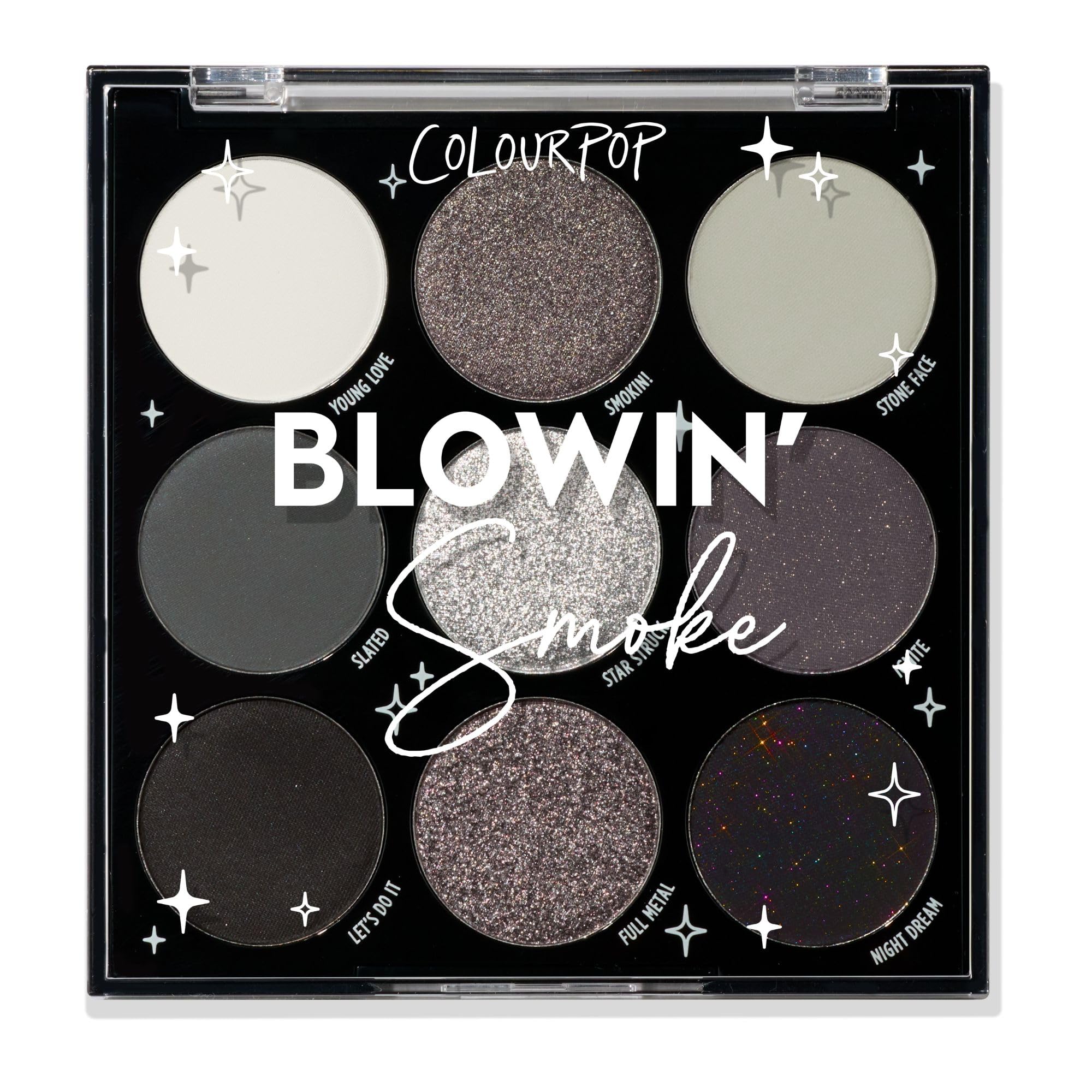 ColourPop Blowin' Smoke palette opened, showing silver and smokey shades for versatile looks.