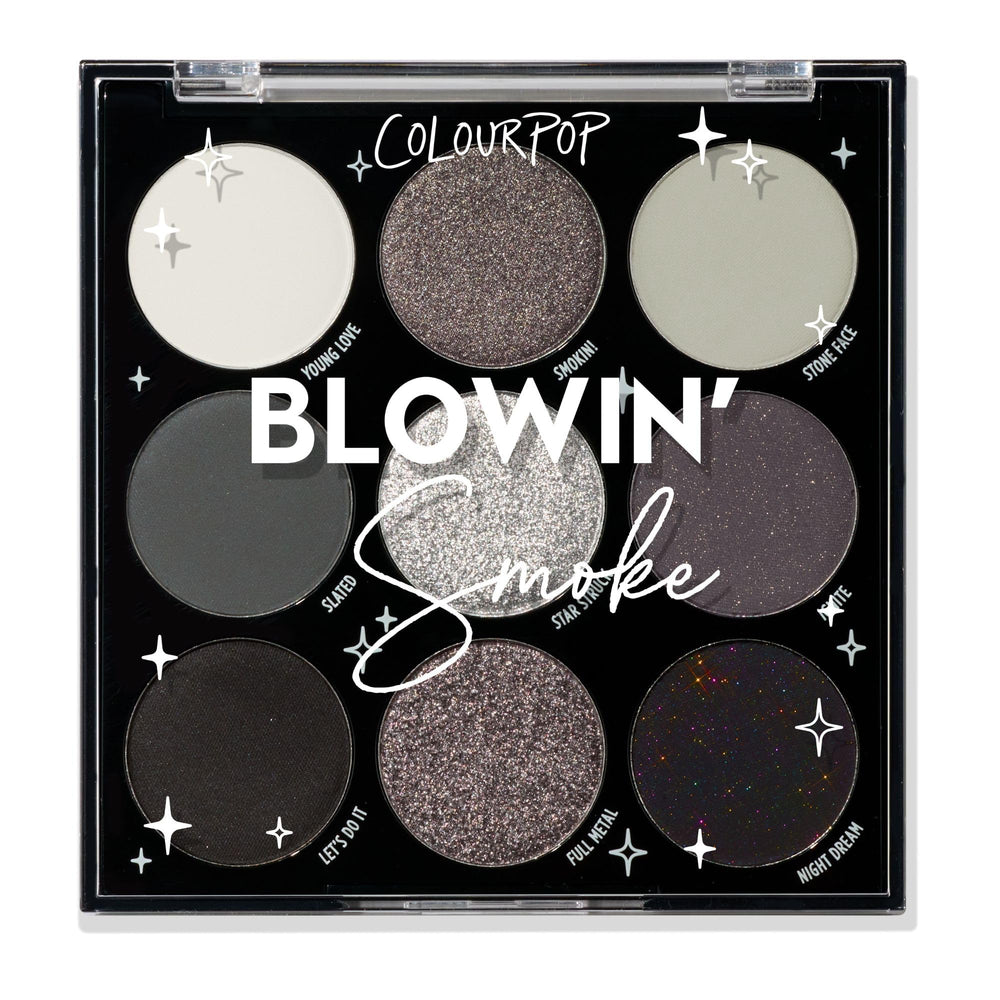 ColourPop Blowin' Smoke palette opened, showing silver and smokey shades for versatile looks.