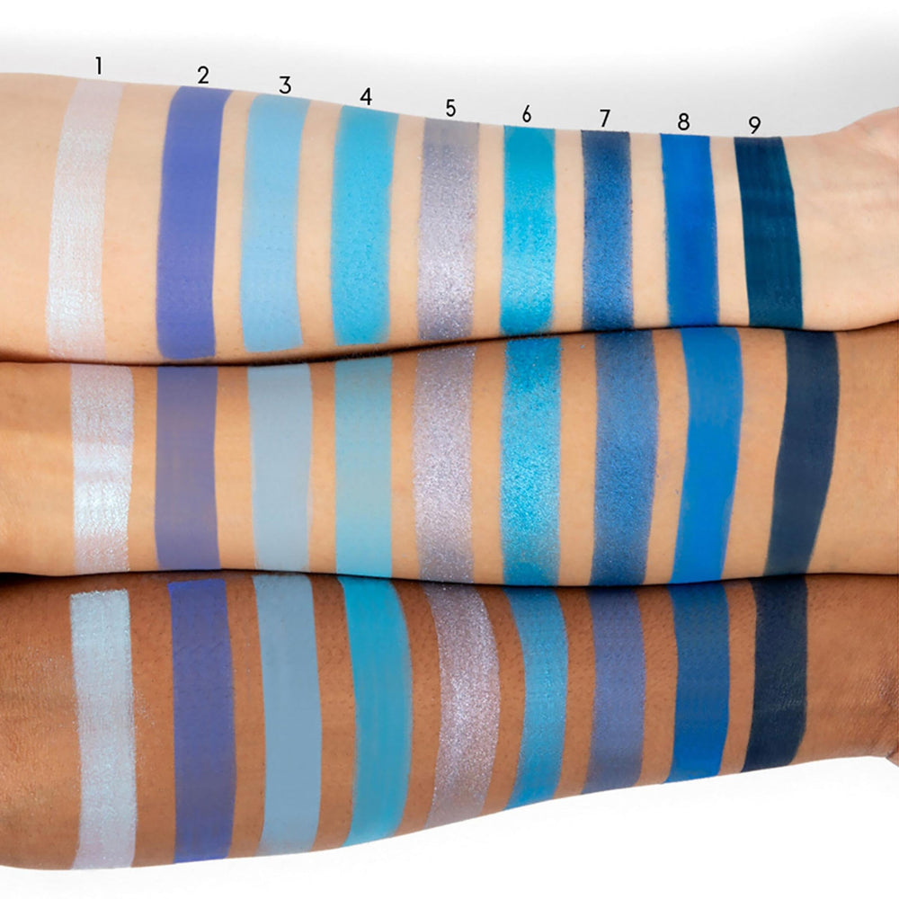 ColourPop Blue Moon matte blues swatches highlight rich pigment and versatile shading.