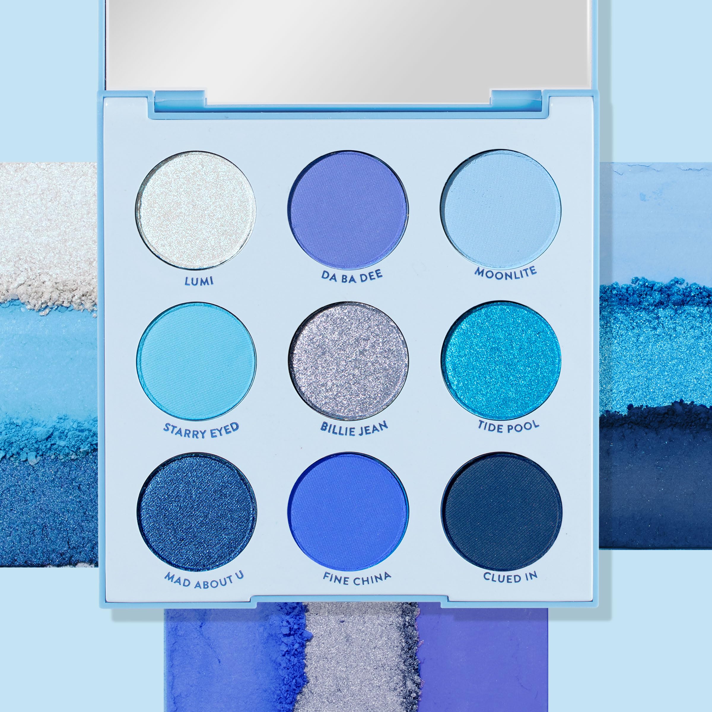 ColourPop Blue Moon metallic shades catch light for luminous eye accents.