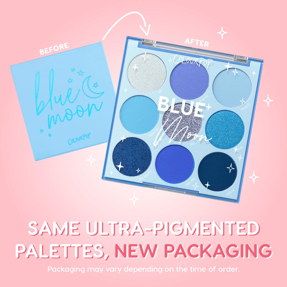 ColourPop Blue Moon palette open shows vibrant color selection for monochromatic blue looks.