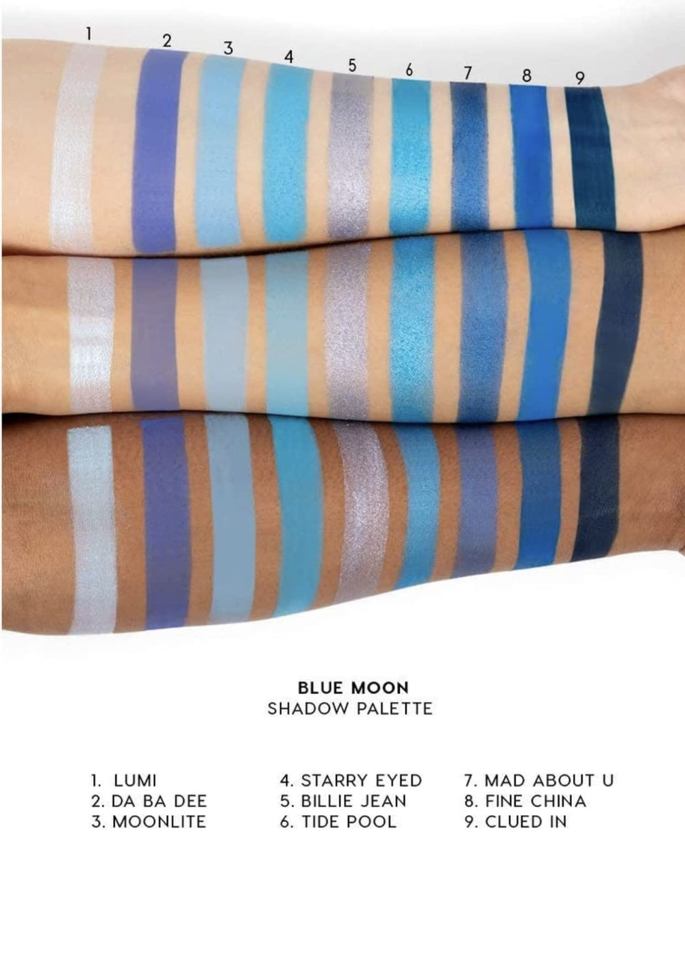 ColourPop Blue Moon matte swatches reveal navy to sky blues for everyday blends