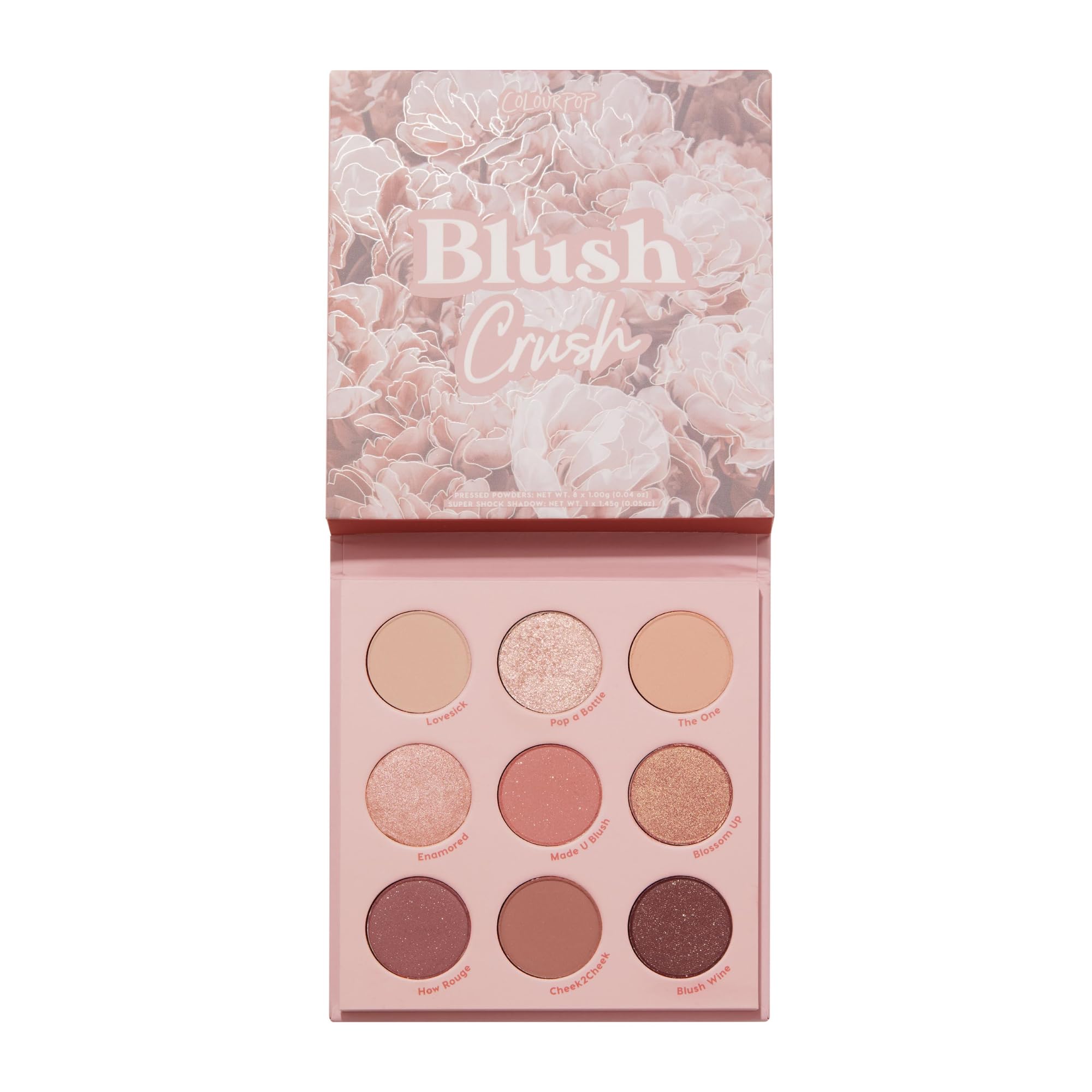 ColourPop Blush Crush palette open case showing brown, gold and pink tones for versatile looks.
