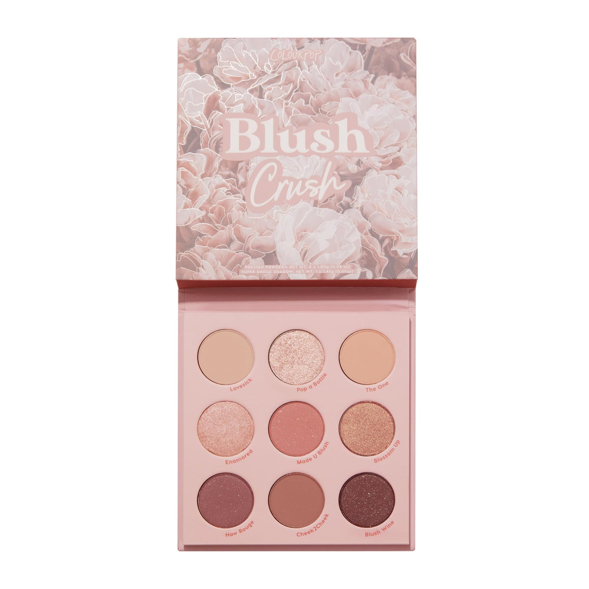 ColourPop Blush Crush palette open case showing brown, gold and pink tones for versatile looks.