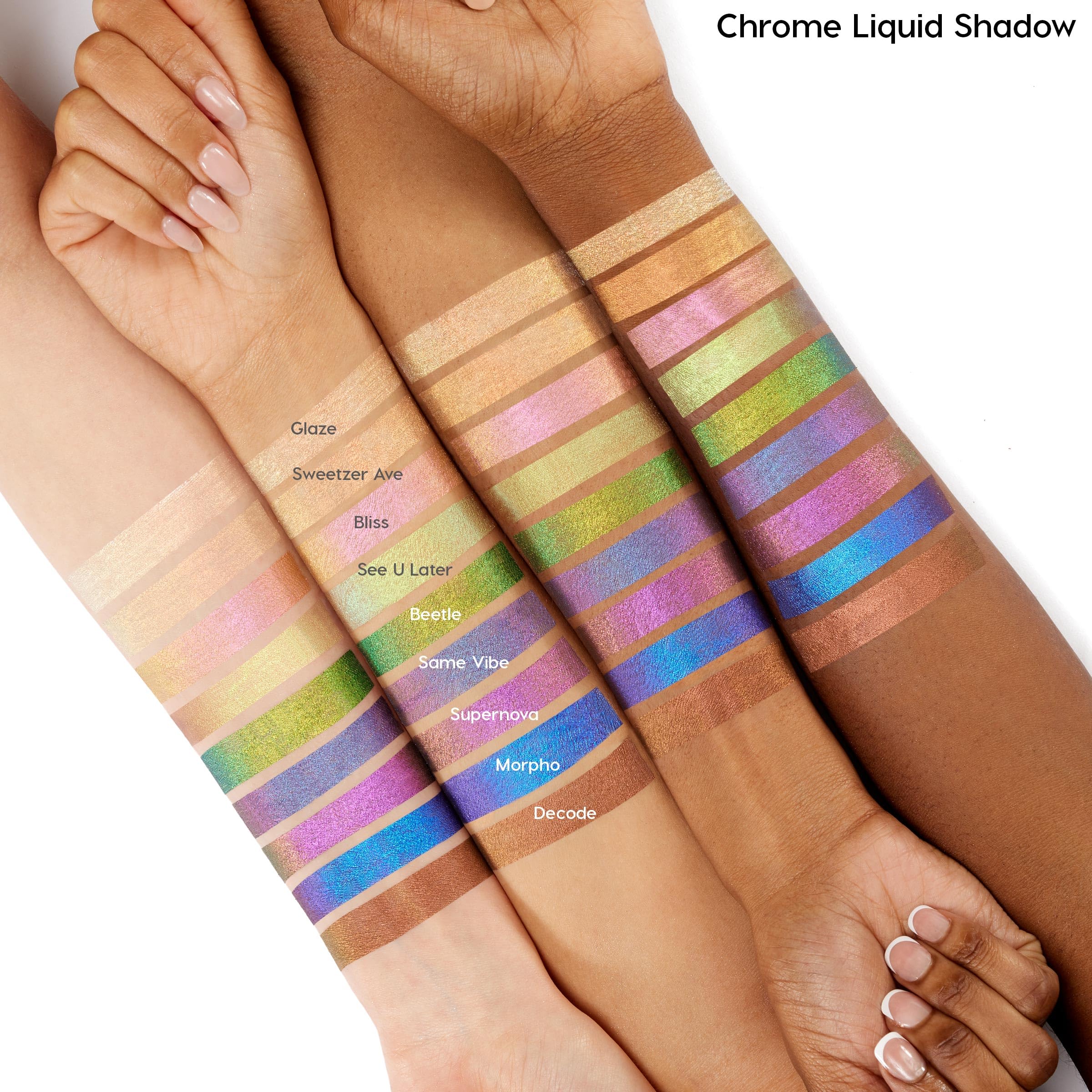 ColourPop Chrome Liquid Shadow Morpho on lid for crease-minimized, high-shine tone.