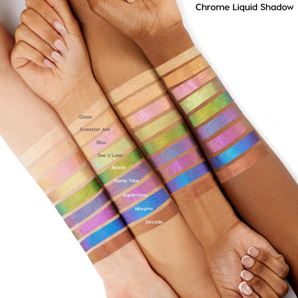 ColourPop Chrome Liquid Shadow Morpho on lid for crease-minimized, high-shine tone.