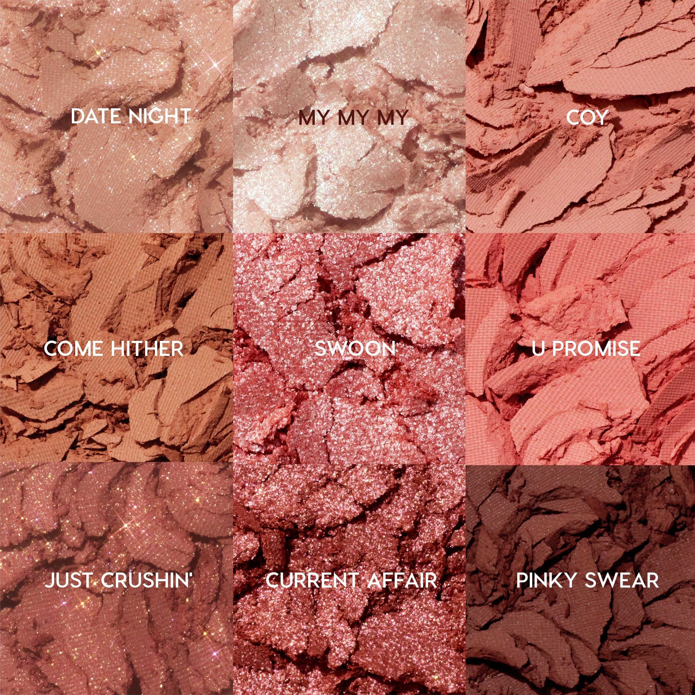 ColourPop Blush Baby swatches matte finishes for soft daywear to bold evening effects.