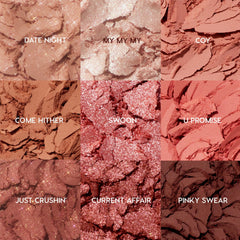 ColourPop Blush Baby swatches matte finishes for soft daywear to bold evening effects.