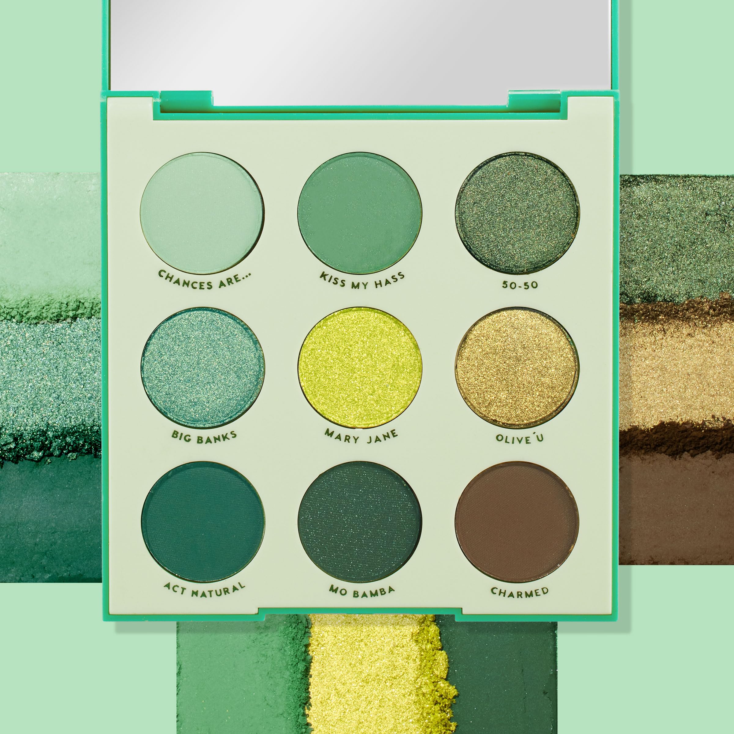 ColourPop Just My Luck green-neutral looks palette open view for day to night.