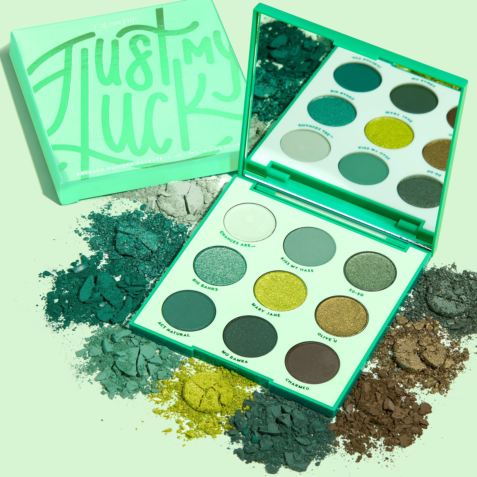 ColourPop Just My Luck metallic shades closeup highlight reflective, eye-catching shine.