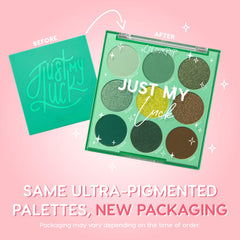 ColourPop Just My Luck swatches on skin reveal bold greens and soft neutrals.