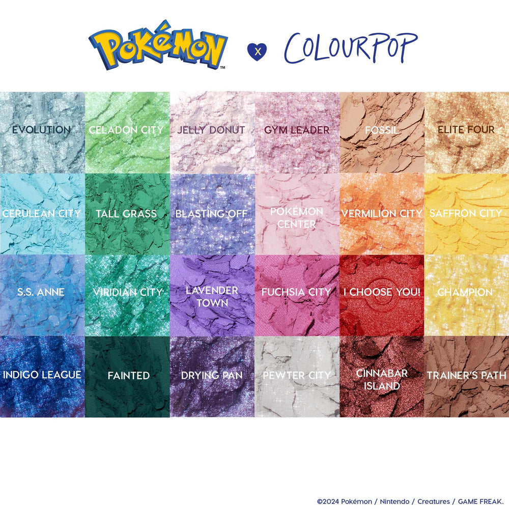 Brush-demo image of ColourPop Pokémon Pallet Town packaging and color payoff guidance.