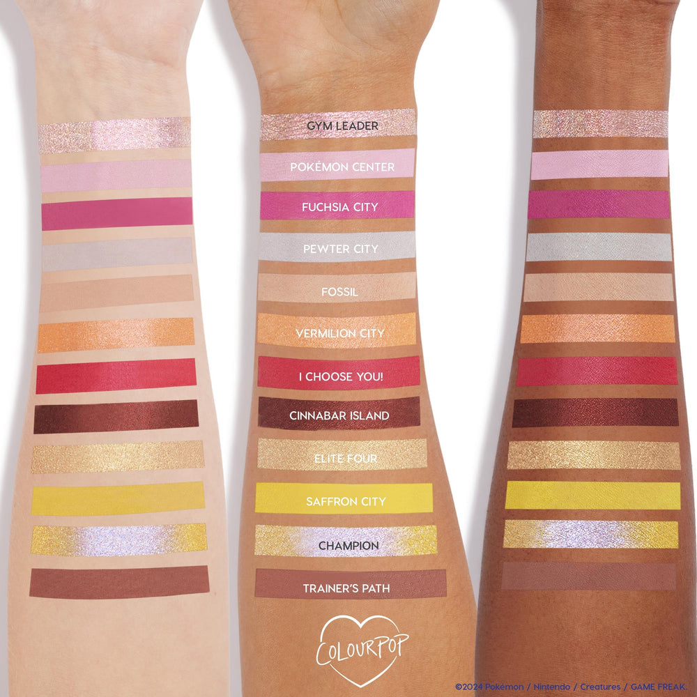Palette-on-skin view of ColourPop Pokémon Pallet Town demonstrating texture near the lid.