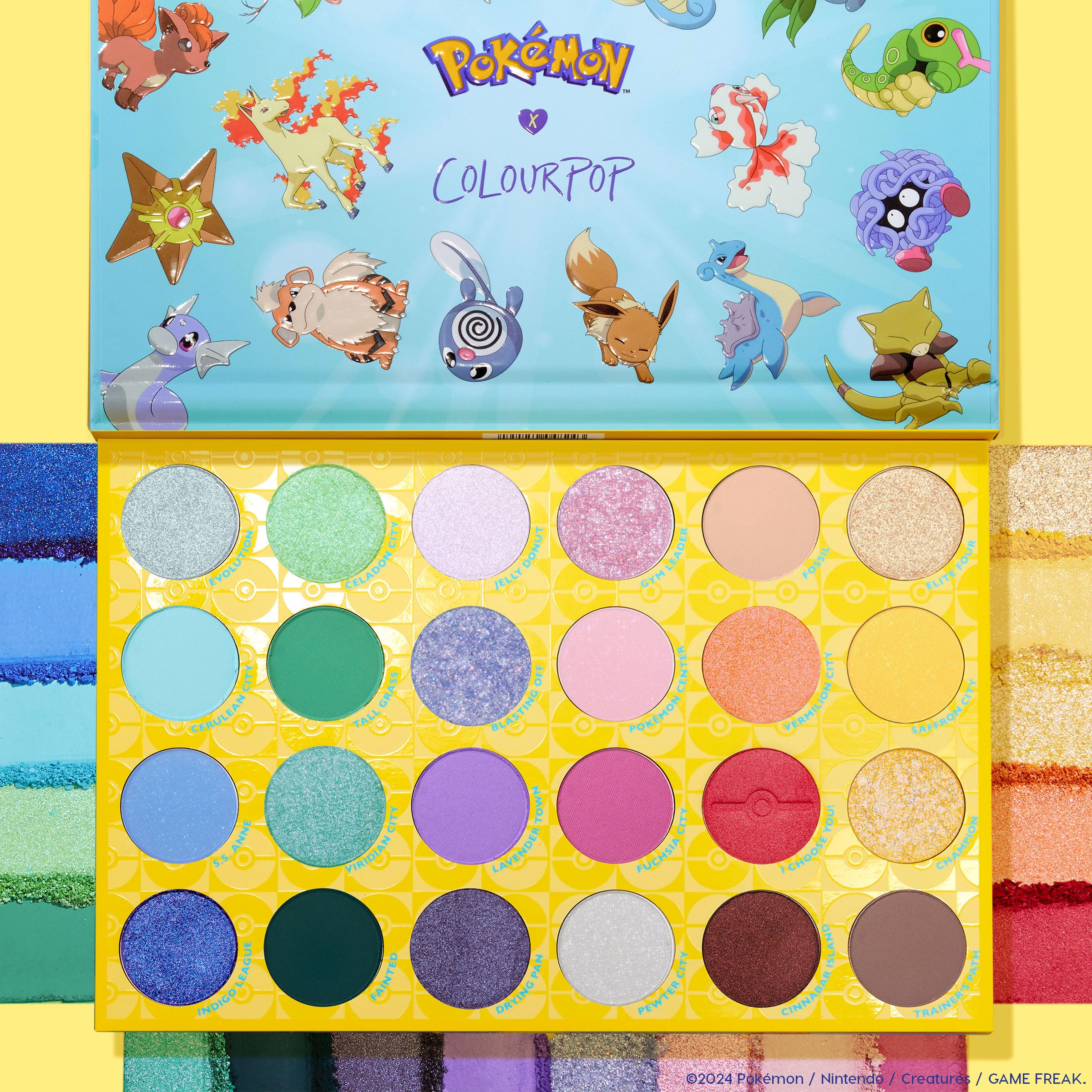 Swatches of ColourPop Pokémon Pallet Town reveal soft pastels to bold hues for expressive color.