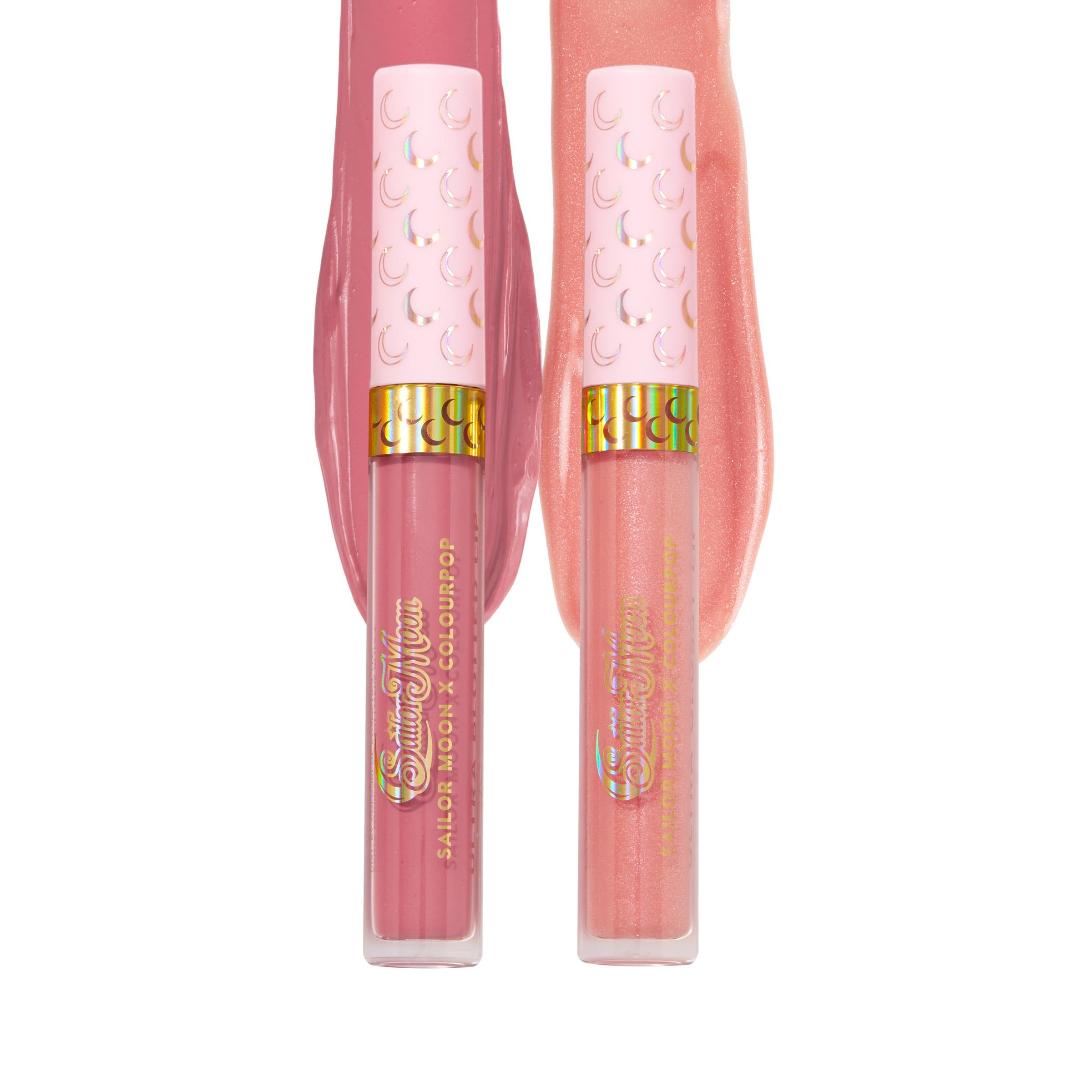 ColourPop Sailor Moon Ultra Glossy Lip swatch shows peachy shine with gold specks