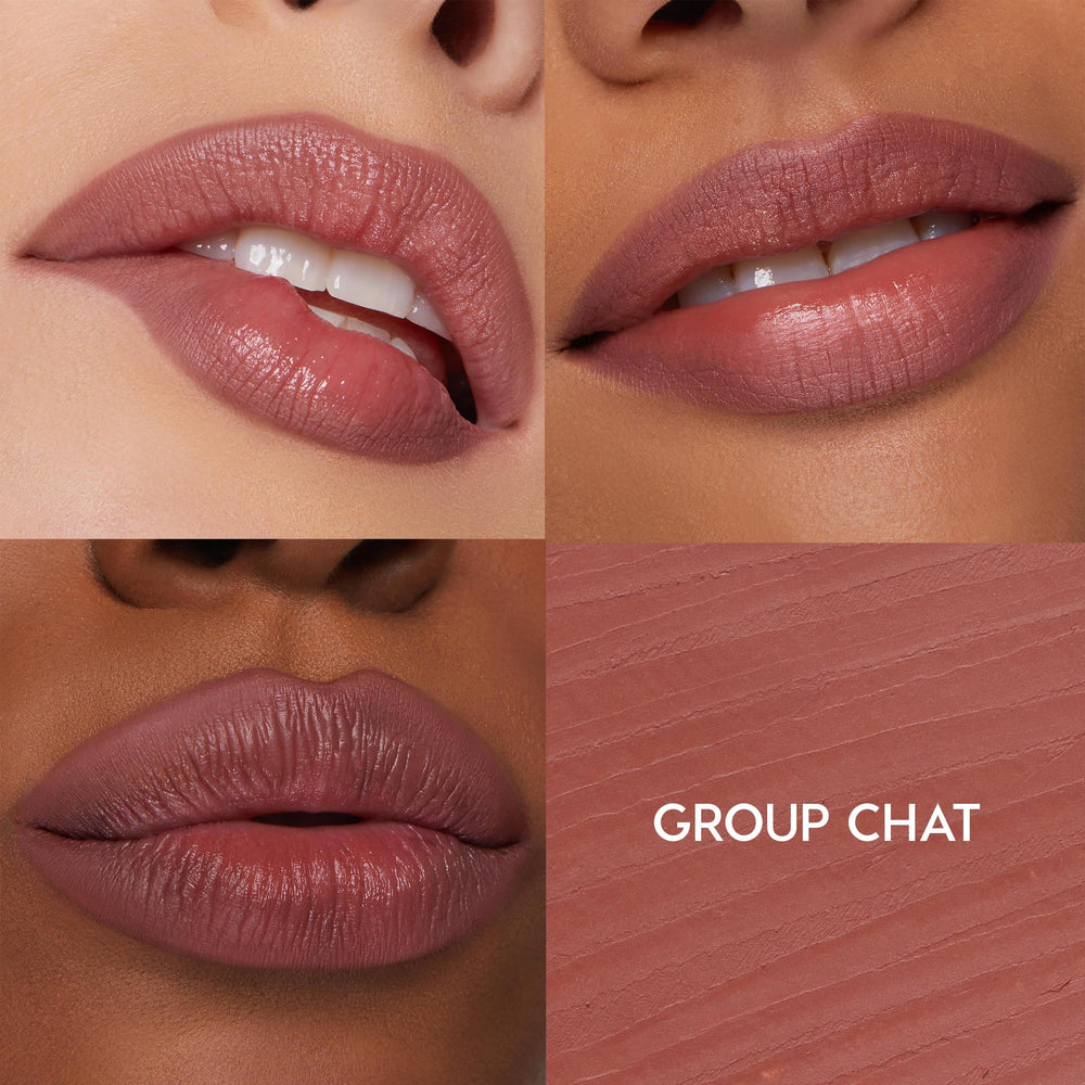 Group Chat shade on lips after wear test shows defined edges.
