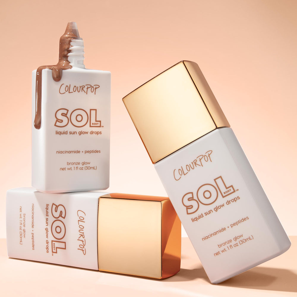 ColourPop Sol Glow Drops skin closeup shows Niacinamide and peptide-enriched formula