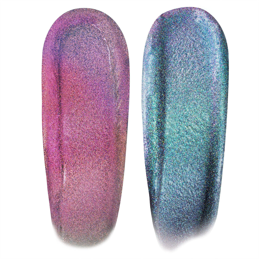 ColourPop Stranger Things Chrome Liquid Eyeshadow Duo swatches reveal shifting color in light.