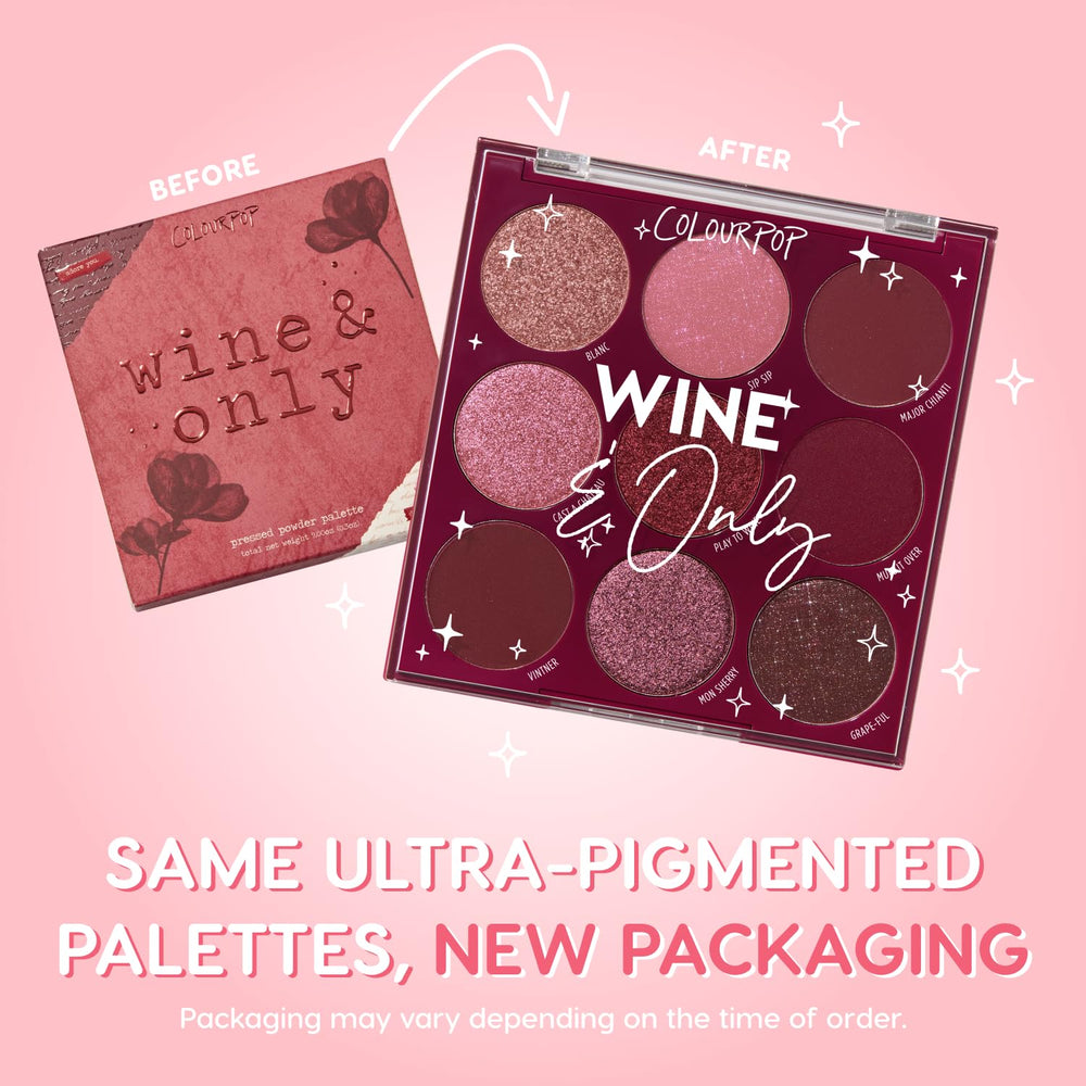 ColourPop Wine and Only palette swatches reveal matte, metallic, and sparkle finishes for bold creativity.