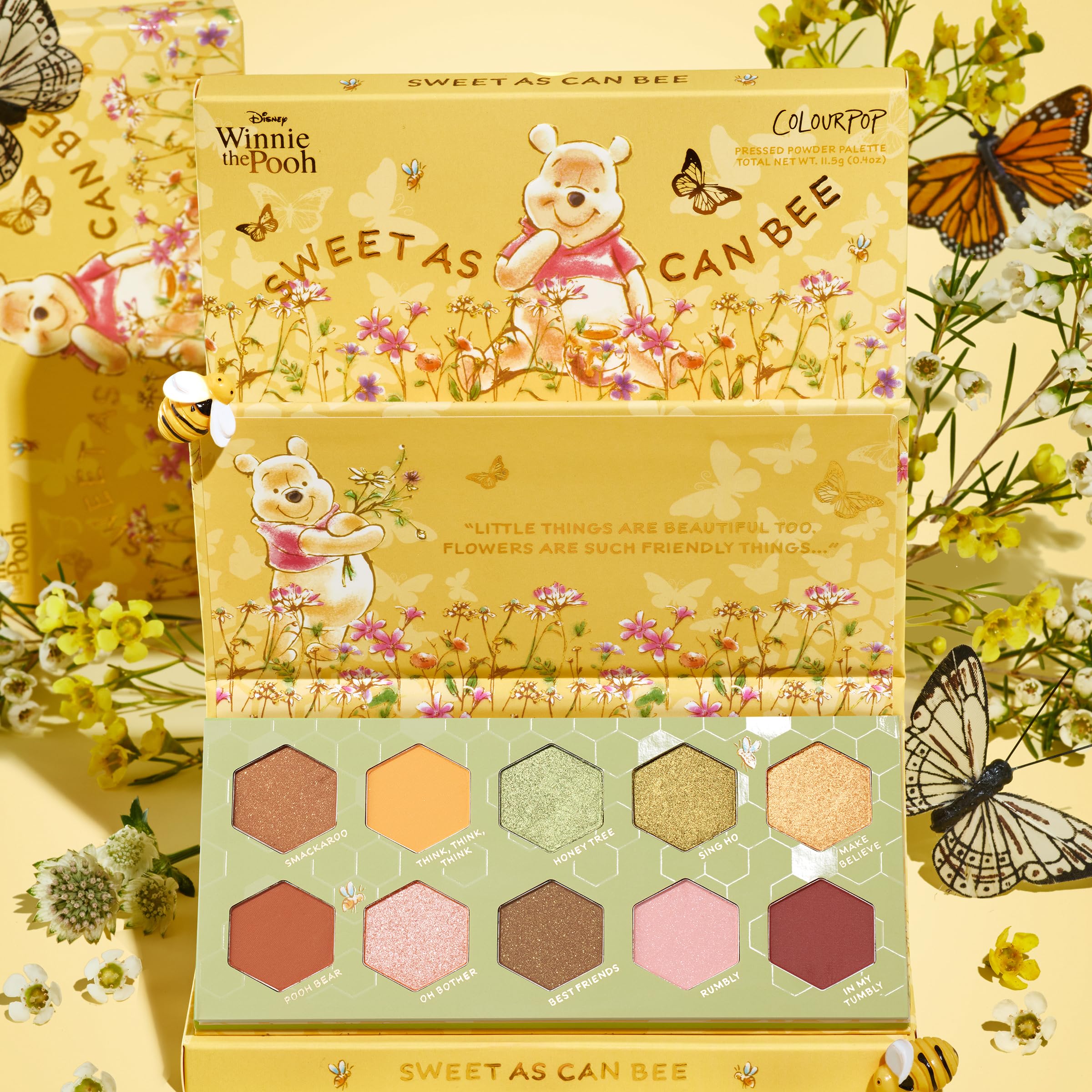 ColourPop Winnie the Pooh Sweet As Can Bee matte and sparkle shades for versatile day-to-night looks