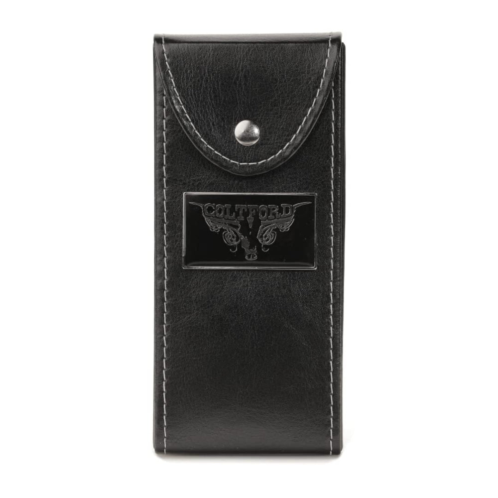 Colt Ford Cologne box cover with black leather finish on display