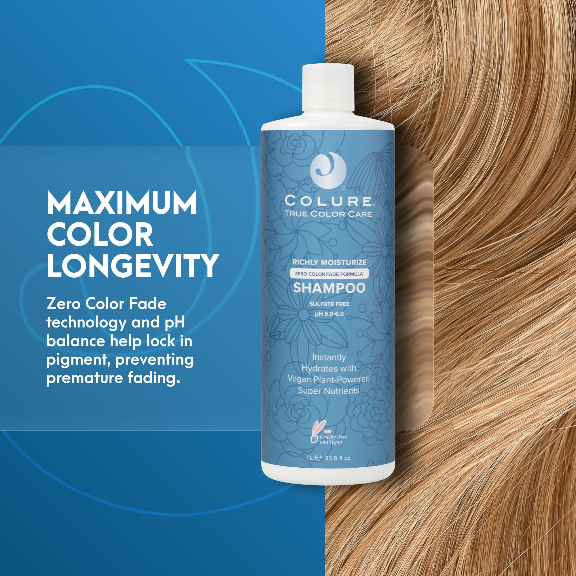 COLURE Richly Moisturize Shampoo label closeup highlighting sulfate-free, gentle cleansing.