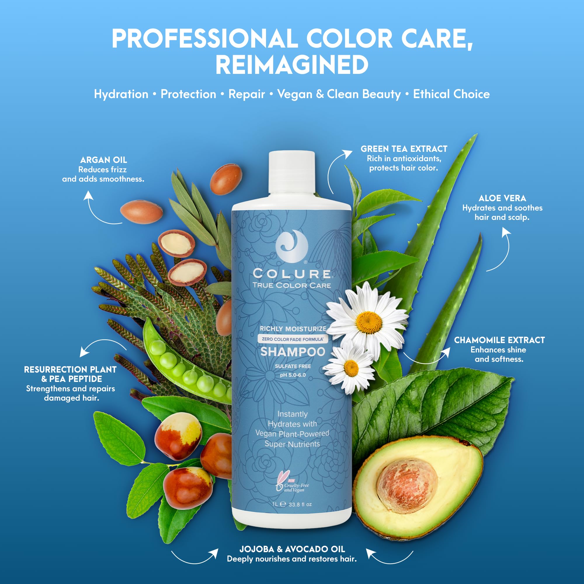COLURE Richly Moisturize Shampoo vegan symbol reflecting vegan, cruelty-free brand ethics.