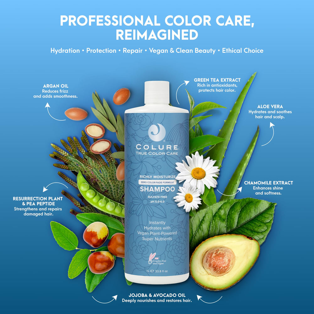 COLURE Richly Moisturize Shampoo vegan symbol reflecting vegan, cruelty-free brand ethics.