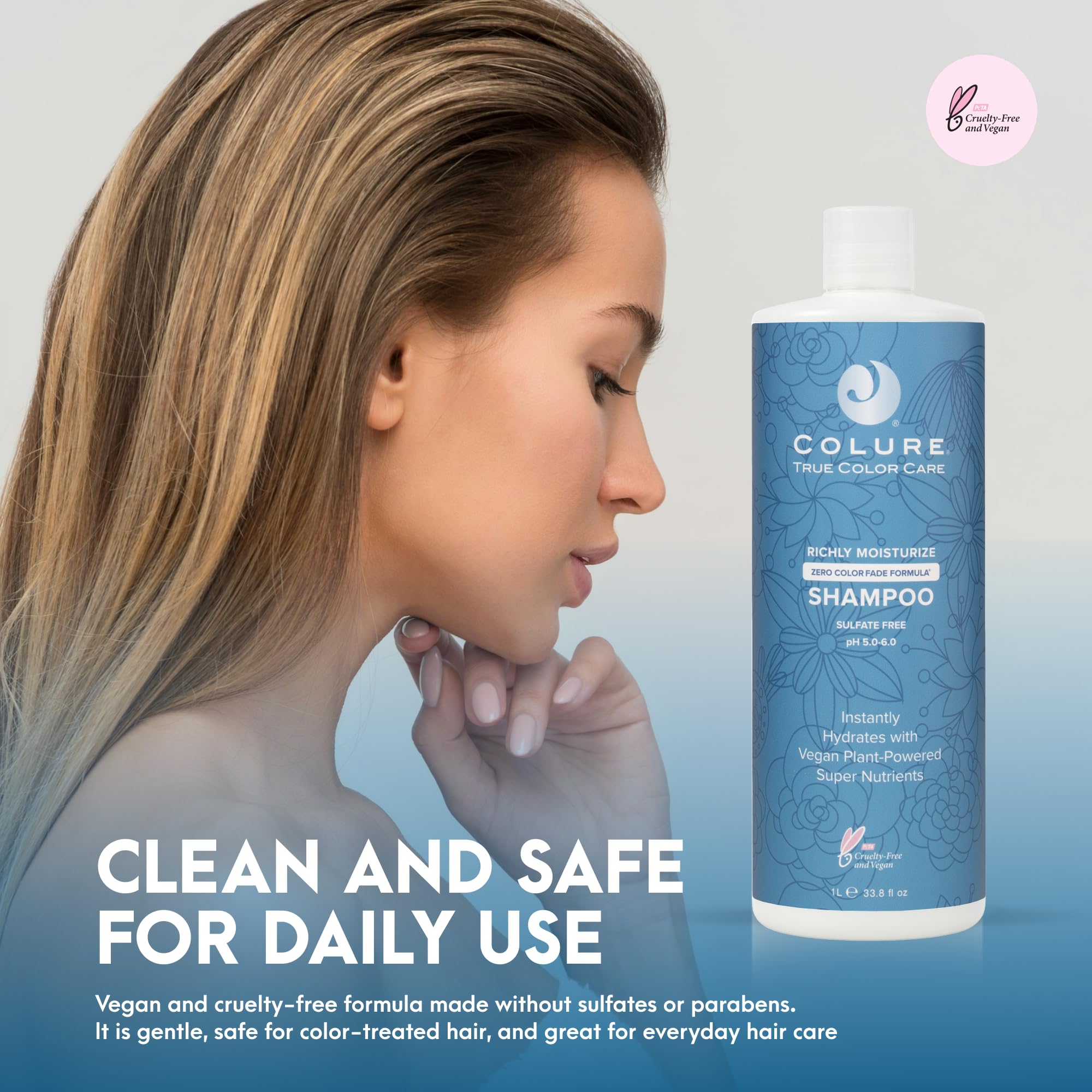 COLURE Richly Moisturize Shampoo water rinse indicating clean rinse for refreshed strands.