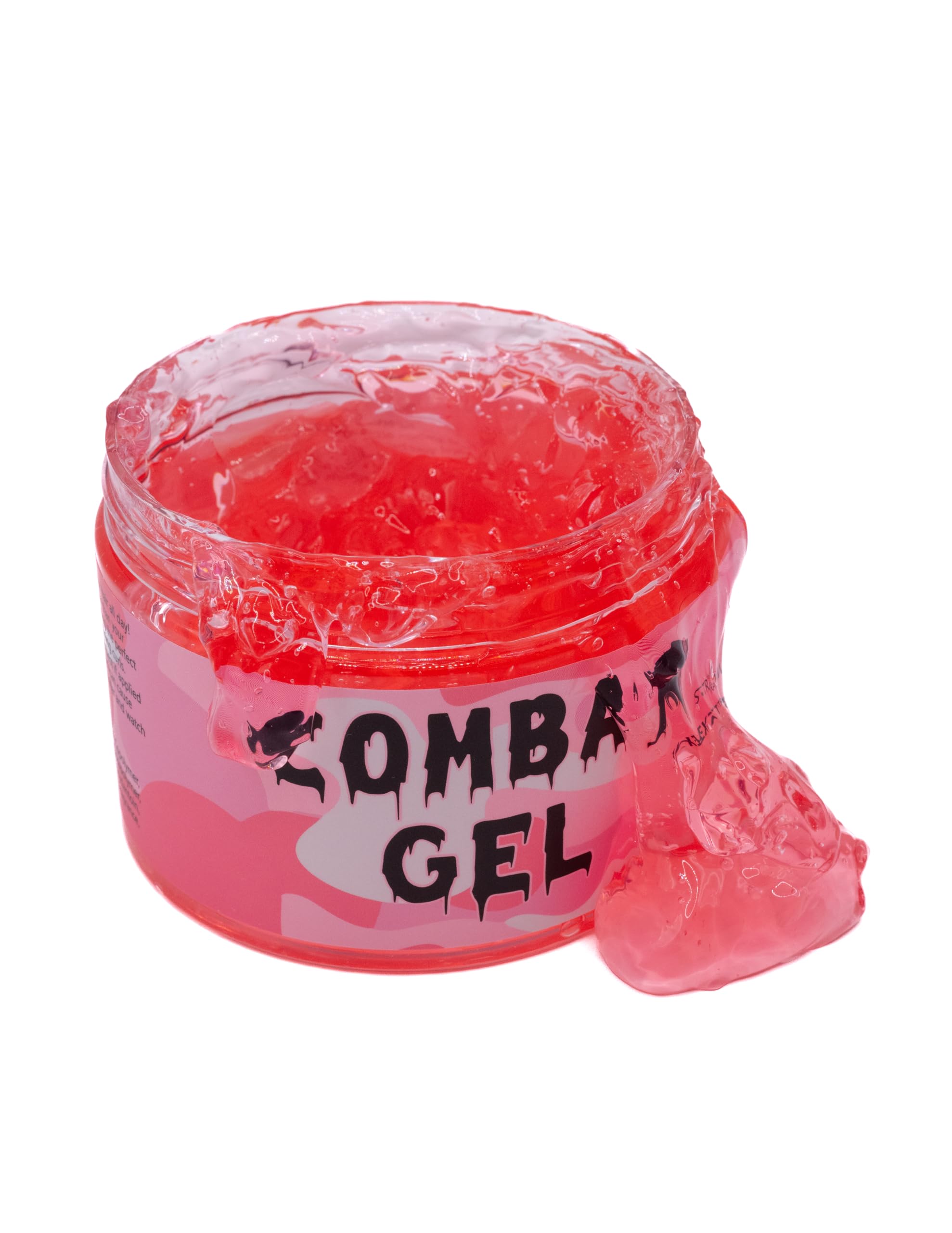 Combat Gel bottle close-up with strawberry scent delivering long-lasting hold and control.